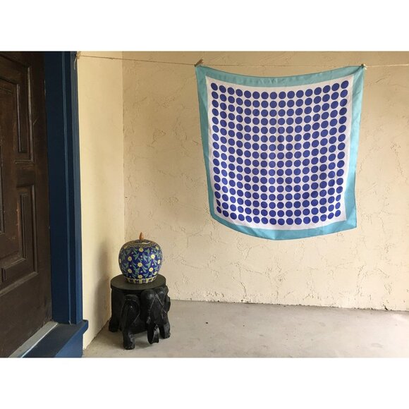 Vintage Silk Feel Scarf 26" Square Blue Polka Dot Pattern - Picture 4 of 4